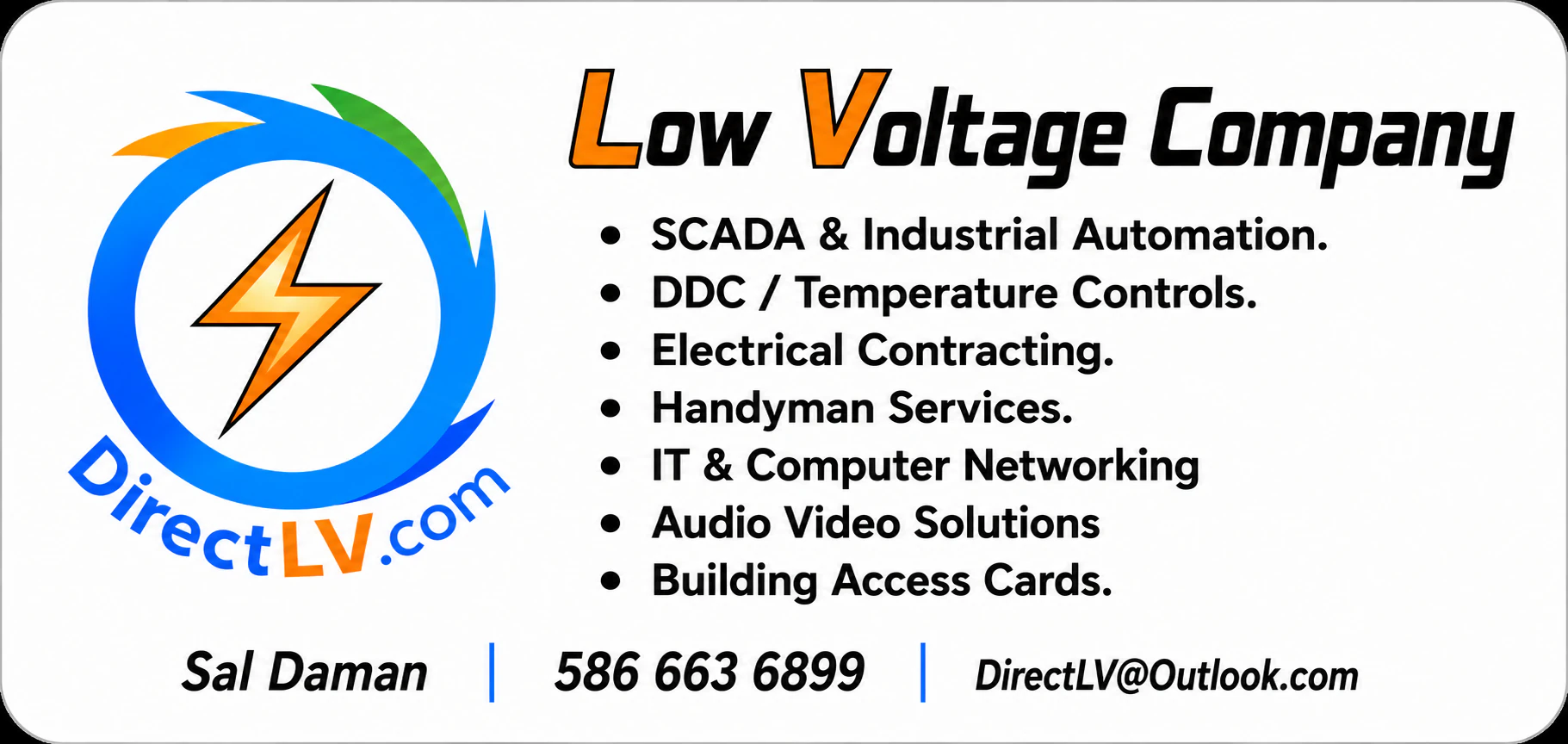 Direct LV business card — contact Direct LV